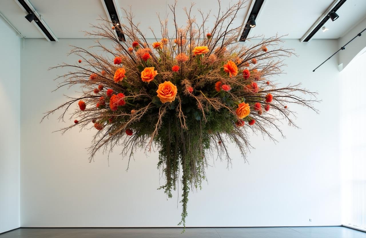 Decay & Rebirth - A large hanging floral installation in a London gallery
