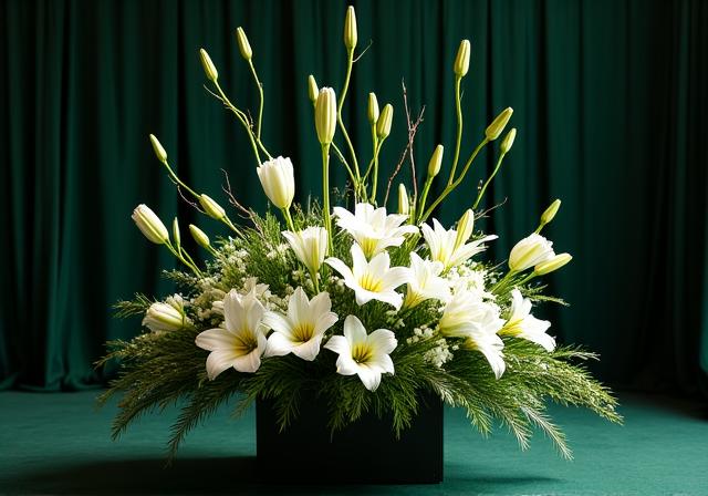 Minimalist corporate gala centerpiece with structured lilies and sculptural stems