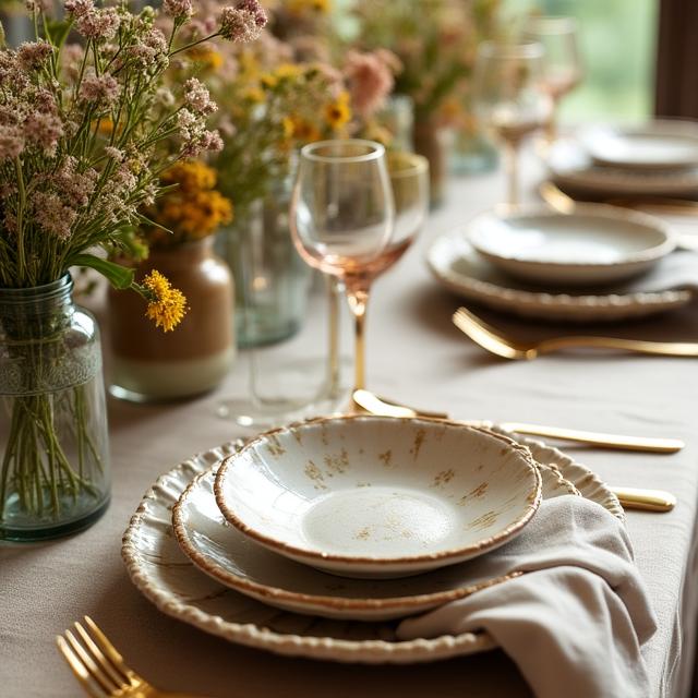 Artistic tablescape featuring soft linen and organic wild flower arrangements