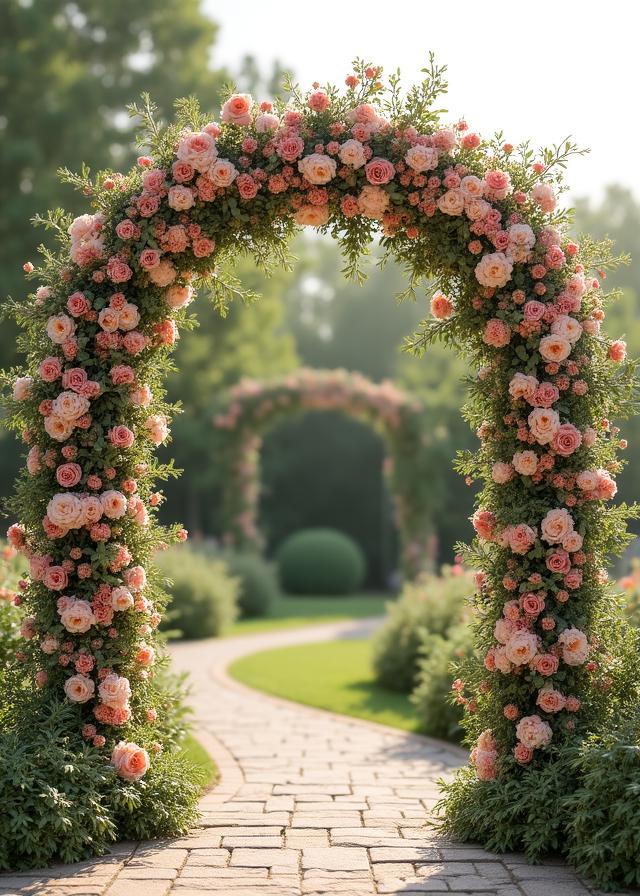 Soft sustainable wedding floral archway with roses and local greenery