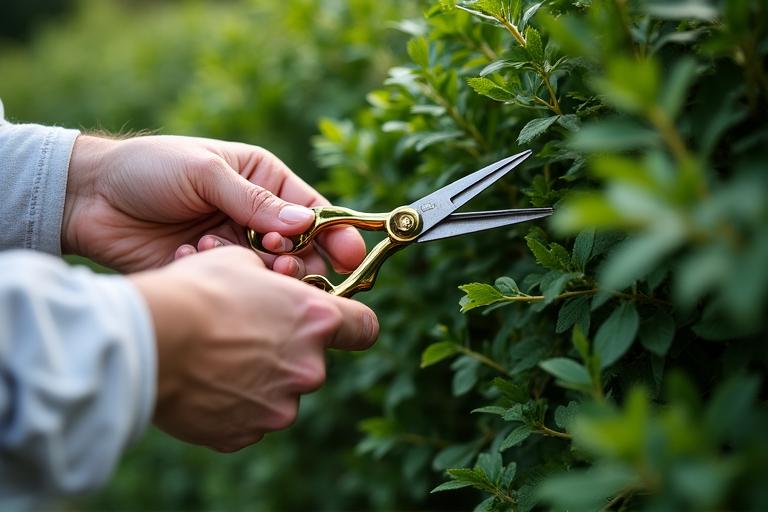 Hands carefully cutting a single stem from a lush hedgerow