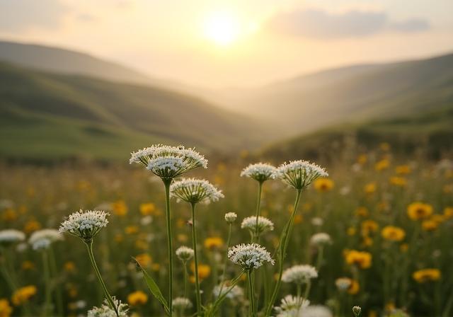 British countryside landscape with wildflowers at dusk