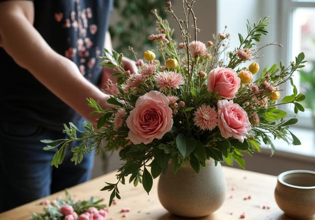 Floral arrangement using sustainable techniques and reusable structures